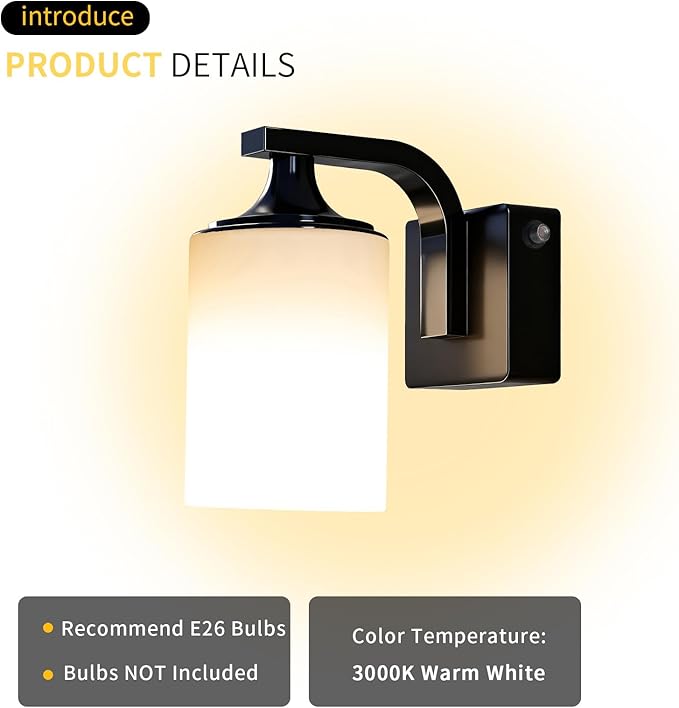 Dusk to Dawn Outdoor Wall Light Sconce Waterproof Aluminum Porch Light Exterior Fixture with Milk Glass Shade for Patio Yard Garden HouseOutside Matte Black