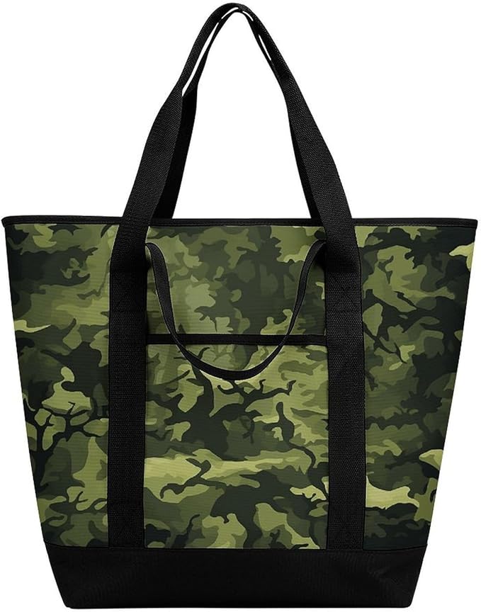 Insulated Shopping BagLarge Reusable Cooler Bags Camo Woodland Camoflage Printed Foldable Shopping BagTravel Waterproof Shoulder Bag