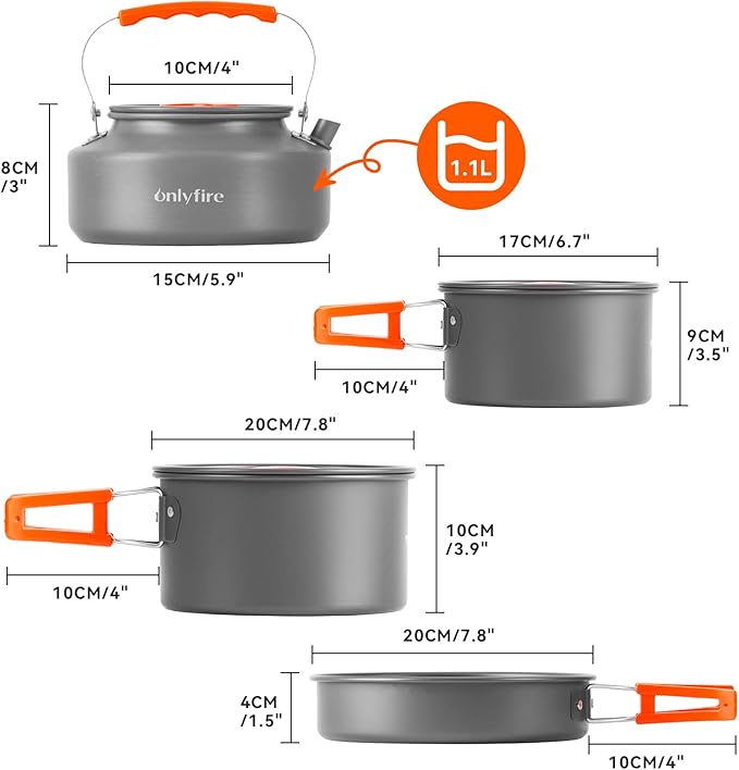 ONLYFIRE OUTDOOR LIVING14pcs Camping Cookware Set Lightweight Nonstick Pots Pan Kettle Utensils Bowls and Cleaning Tool with Mesh Bag for Camping Hiking Backpacking RV Tailgating Cooking CT604