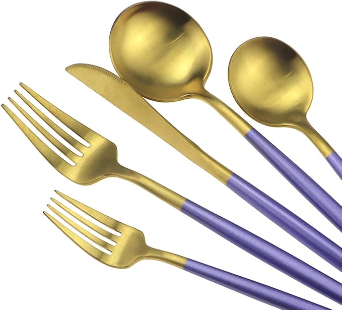 Gugrida Royal 20 Piece Matte Purple Handle 18/10 Stainless Steel Tableware Sets for 4 Including Forks Spoons Knives Camping Silverware Travel Utensils Set Cutlery
