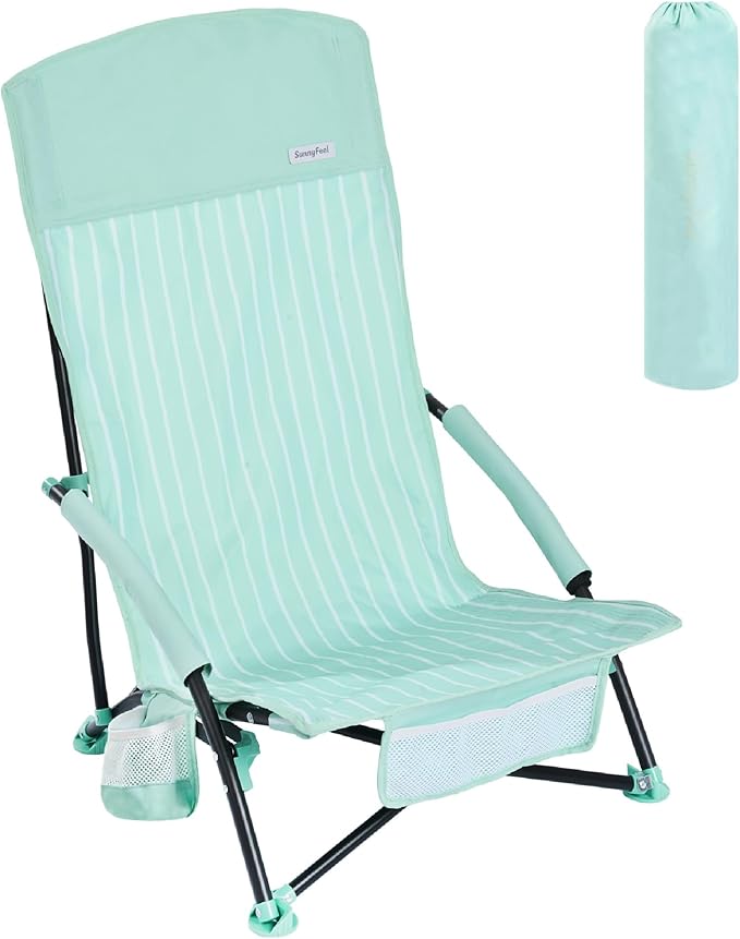 SUNNYFEEL Folding Beach Chair High Back Beach Chairs for Adults Lightweight Portable Camp Chair 300lbs Heavy Duty with Carry Bag Mesh Back Cup Holder for Outdoor Travel Picnic Concert Green