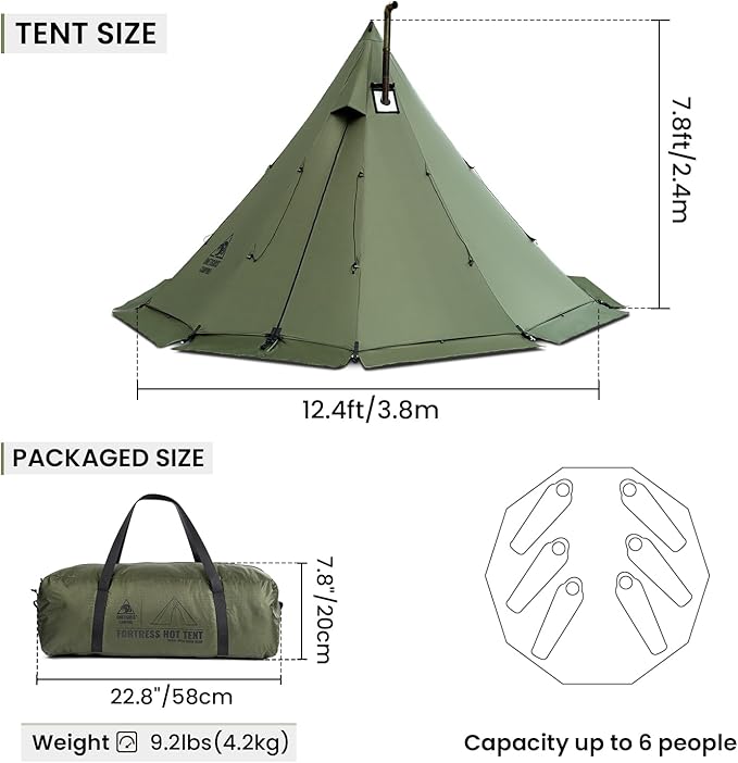 OneTigris Rock Fortress Hot Tent with Stove Jack 4 Season 4-6 Person Tipi for Camping Backpacking Hunting Fishing - Waterproof Wind-Proof