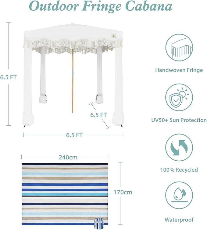 AMMSUN Beach Cabana with Beach Blanket 6.5' x 6.5' Boho Canopy with Tassels Premium Wood Pole Fringe Cabana Tent with Sand Pockets Instant Sun Shade for Sand Garden Outdoor Elegant White