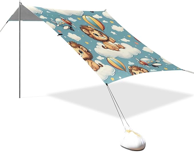 Cute Lion Cubs Flying in The Sky Camping Sun Shelter Beach Tent Portable Beach Sun Shade Outdoor Canopy for Camping Trips Fishing Picnic