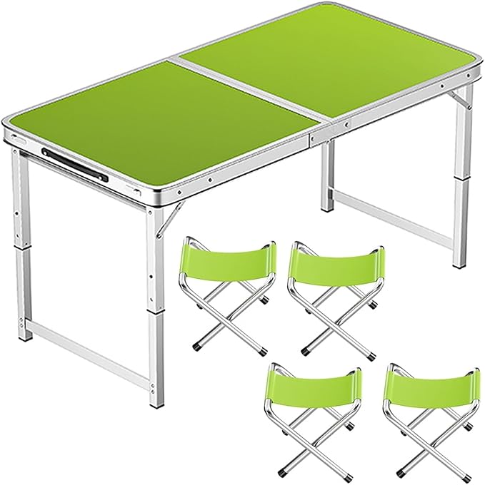Adjustable Height Aluminum Folding Table Portable Outdoor Camping Table with Handle Compact 120X60Cm Picnic Dining Table Set with 4 Stools - Blue120X60Cm Bla100X50cm Green+4 Stool