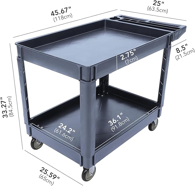 Utility Service Cart with Wheels and Two Trays Service Cart 2-Shelf 500lbs Rolling Utility Cart for Warehouse/Garage/Cleaning/Manufacturing 2 Tier Heavy Duty Uline Tool Cart 45X25 Gray