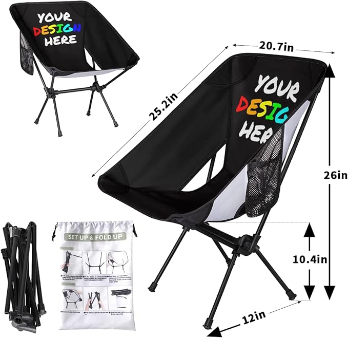 Custom Camping Chair with Photo &amp Text Personalized Outdoor Lightweight Foldable Backpacking Chair with Side Pockets for Patio Beach Fishing