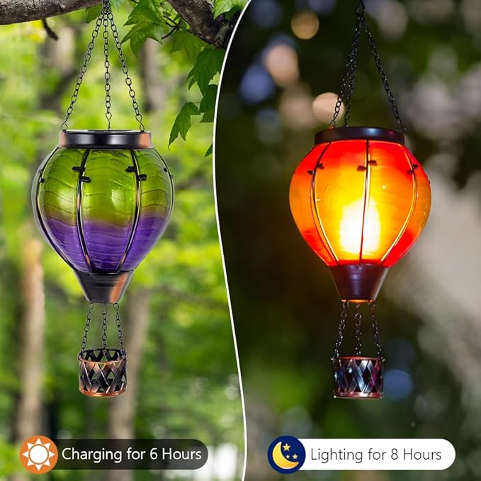 Gradient Hot Air Balloon Solar Lanterns Outdoor WaterproofGradient Glass Solar Hanging Hot Air Balloon Lantern with Flame Flickering Lights for PatioPorchYard Decor