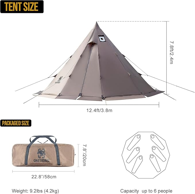 OneTigris Rock Fortress Hot Tent with Stove Jack 4 Season 4-6 Person Tipi for Camping Backpacking Hunting Fishing - Waterproof Wind-Proof