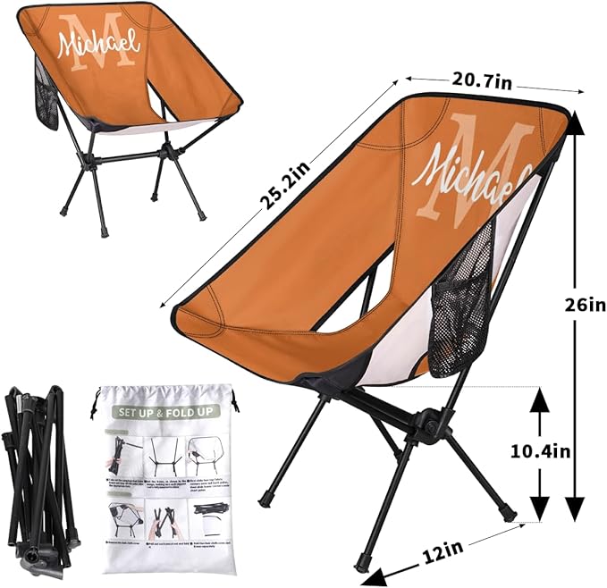 Custom Orange Portable Camping Chair Personalized Backpacking Chair with Name Lightweight Foldable Chairs for Hiking Beach
