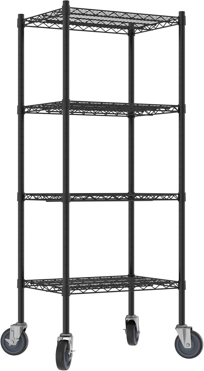 Commercial NSF Listed Black Epoxy Mobile Wire Shelving Kit 18 x 24 x 60 with 4 Shelves Perfect for Warehouse Walk-in Refrigerator Freezer Grocery Store Restaurant Dishroom