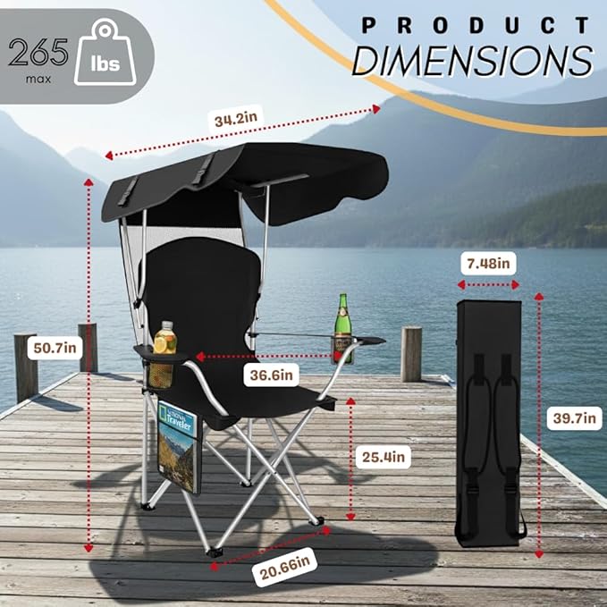 Portable Folding Camping Chairs with Canopy Shade Beach Chair for Adults Durable Weather Resistant 600D Oxford Cloth Camping Chair with Canopy for Outdoors [Black]