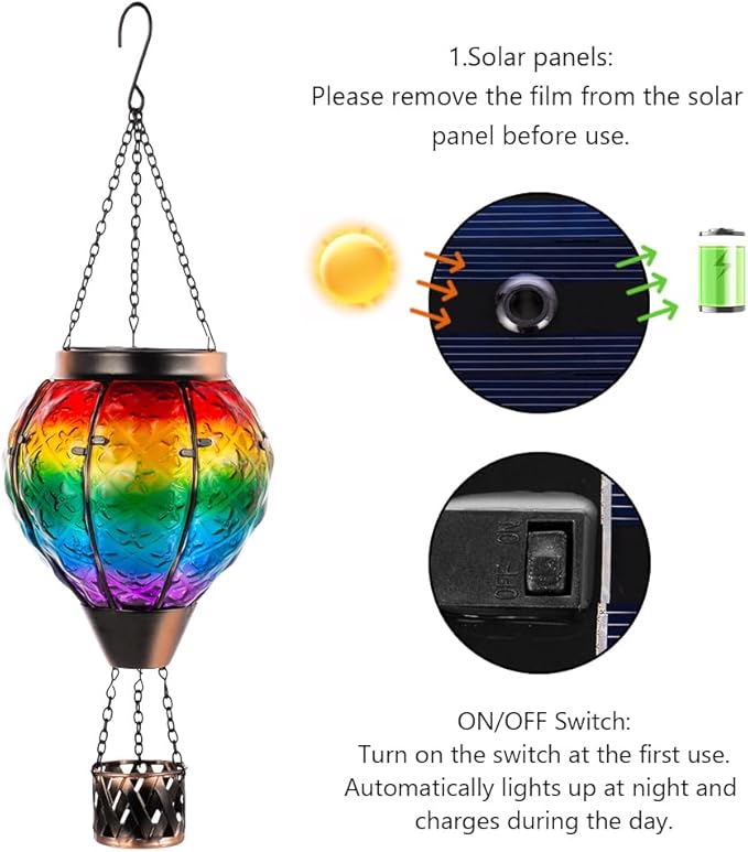 DREAMSOUL Rainbow Hot Air Balloon Solar Lantern Metal &amp Glass Solar Lantern with Flickering Flame Hanging Solar Lanterns Outdoor Waterproof for Lawn Patio Tree Decor
