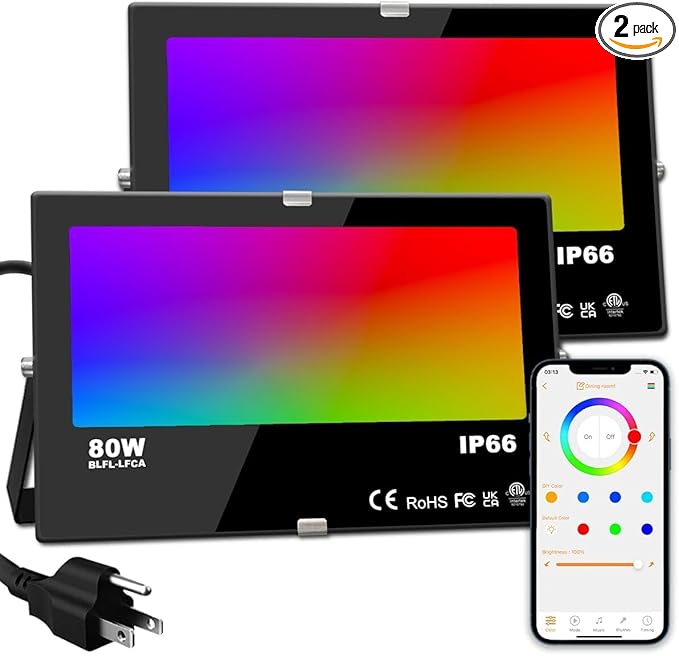 ILC LED Flood Light 80W 8000LM Outdoor RGB Color Changing Smart Floodlights RGBW 2700K Warm White &amp 16 Million Colors 20 Modes Grouping Timing IP66 Waterproof (2 Pack)
