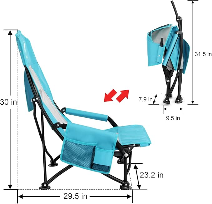 Oileus Folding Portable Beach Chair Lightweight High Back Low Seat for Tent &amp Shelter &amp Camping Full Mesh Back Cup Holder Storage/Carry Bag Armrest - 1 Pcs