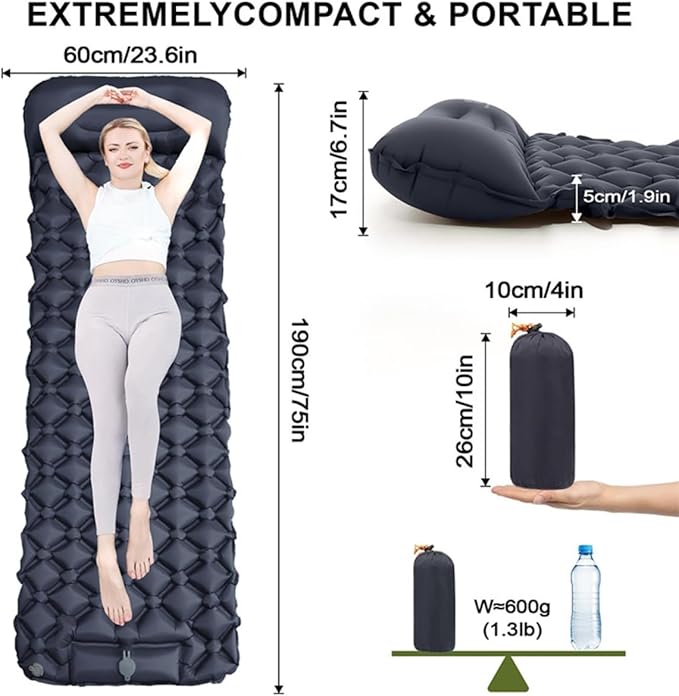 Ultralight Inflatable Sleeping Pad for Camping Built-in PumpUltralight Water-Resistant Air Mattress Built-in Pillow Portable Sleeping Pad for Camping Home &amp Hospital Care (Navy)