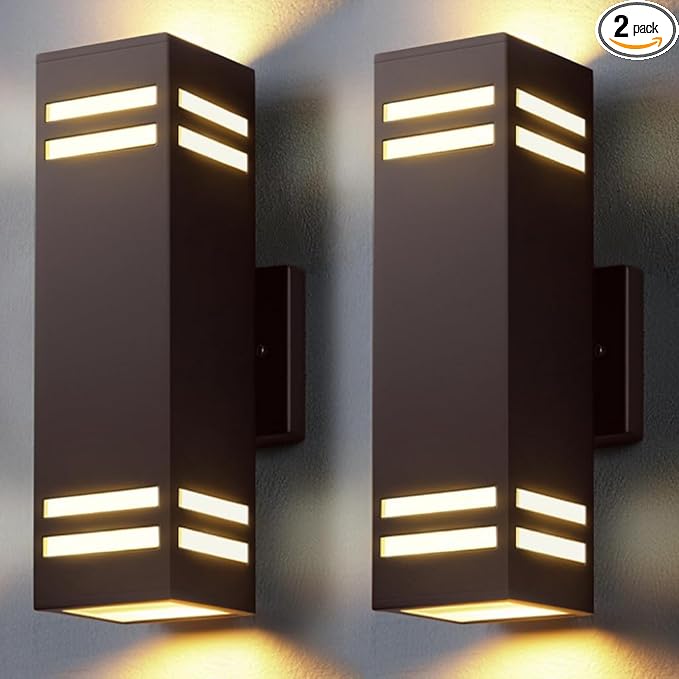 SHIMR Dusk to Dawn Outdoor Wall Lights 2 Pack Exterior Lighting Fixtures with Oil Rubbed Bronze Finish Square Outdoor Sconce Lights Up and Down Lights for House Porch Patio [ETL Listed]