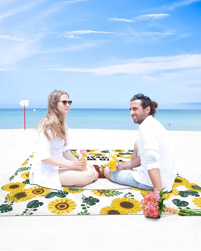 Beach Blanket Waterproof Sandproof OversizedFarm Yellow Sunflower Red Truck Beach Mat with Corner Stakes Sand PocketsSpring Green Leaves Outdoor Picnic Mat for Travel Camping Hiking118x108In