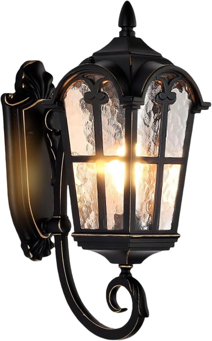 17 Outdoor Wall Light Fixture with Water Ripple Glass – Black Exterior Wall Sconce Waterproof Porch Light for Front Door Patio Garage Outdoor House Lighting