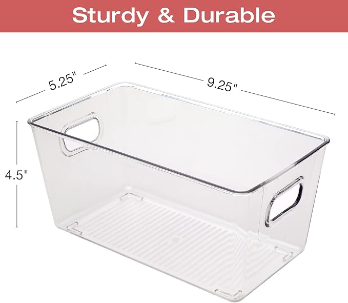EXCELLO GLOBAL PRODUCTS 9.25 x 5.23 x 4.52 Rigid Plastic Clear Storage Bins for organizing and storing household goods food or Office supplies (Pack of 6)