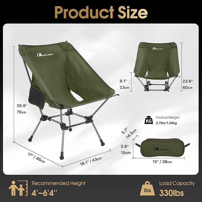 MOON LENCE Portable Camping Chair Plus Larger &amp Roomier Compact and Lightweight Still Folding Chair for Backpacking &amp Hiking 330Lbs Capacity (Moss Green-2pack)