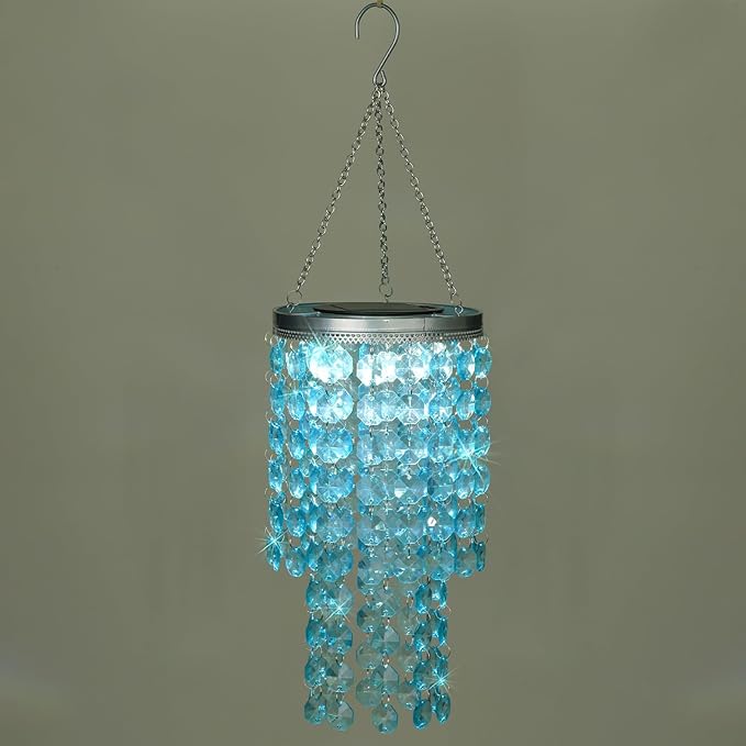 Hanging Solar Crystal Chandelier Outdoor 21” Modern Solar Blue Acrylic Beaded Lantern with Cool White LED S Hooks for Garden Yard Patio Gazebo Outside Decor