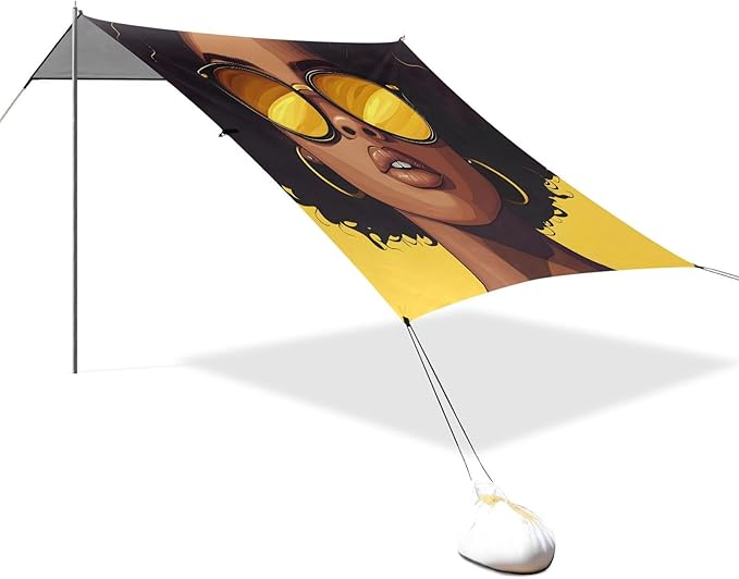 ALAZA African American Woman Sunglasses Beach Tent Sun Shelter UPF50+ Protection Beach Shade Canopy w/ 4 Sandbags for Outdoor Camping Fishing Backyard Fun Picnic 10x9 ft
