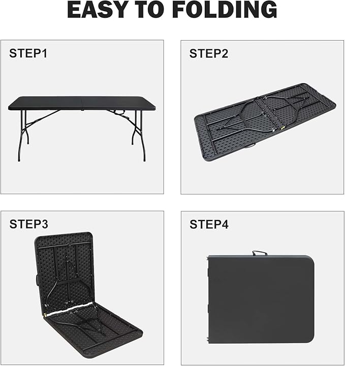 6ft Folding Table Portable Plastic Table for Camping Picnics Parties High Load Bearing Foldable Table Black