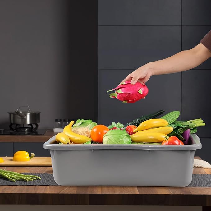 4-Pack 32 L Commercial Bus Tub Large Plastic Rectangular Dishpan Tub Grey
