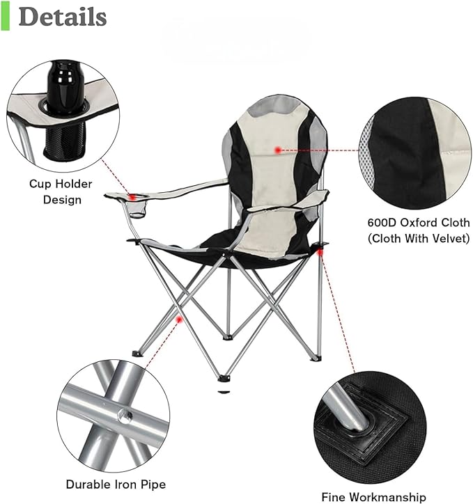 Portable Camping Chair with Back Support Folding Outdoor Padded Lawn Chair with Cup Holder Storage for Hiking Lawn Concert Fishing Iron Frame 600D Fabric