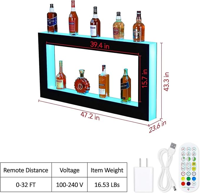 Elegant Wall-Mounted LED Wine Bottle Display Rack – 24-Inch Rectangular 2-Layer Acrylic with Dynamic Lighting Remote &amp App Control (Mobile Connectivity) Premium Quality Materials