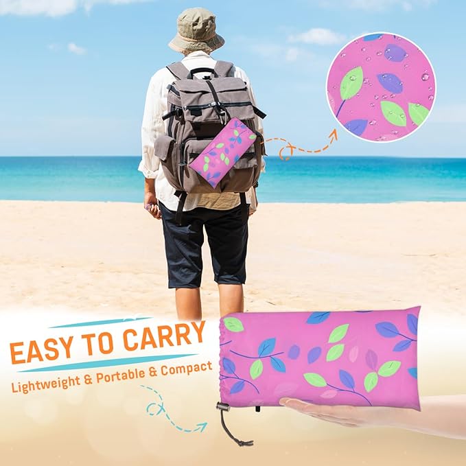 Waterproof Sandproof Beach Blanket 59''×68'' Fig Leaves Polyester Outdoor Picnic Blanket with 4 Stakes &amp Storage Bag for BeachCampingVacation Pink