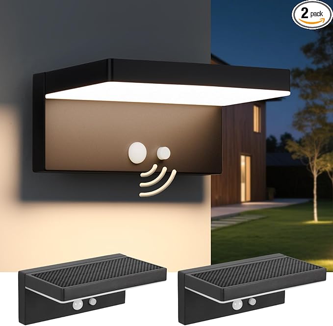 Solar Motion Sensor Outdoor Lights 2-Pack - 600 Lumen 3 Modes IP44 Waterproof Aluminum Solar Wall Address Light with 10H Runtime for Garden/Fence Black SG601020