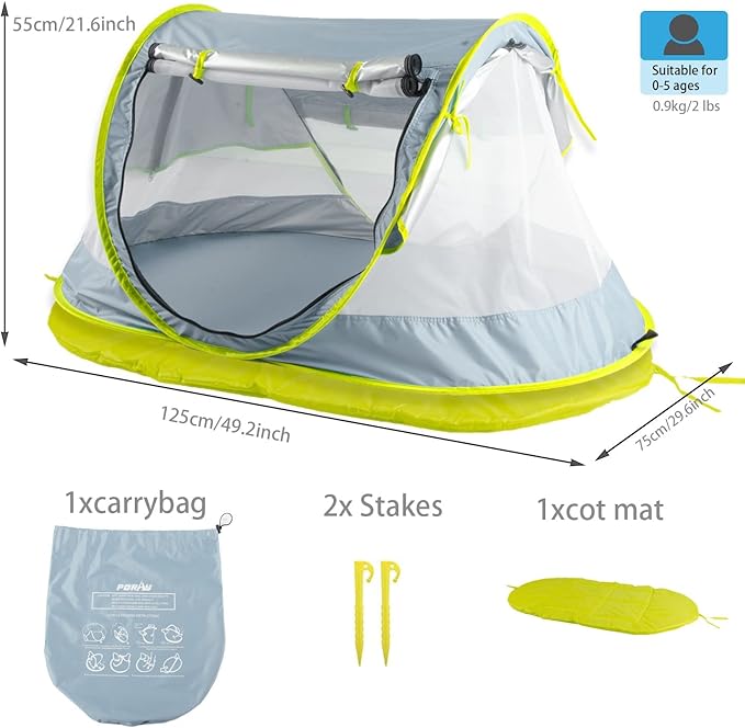 Poray Portable Baby Beach Tent with UPF 50+ Sun ShelterMosquito Net and Sunshade Ideal Pop Up Kids Travel Tent with Carry Bag &amp 2 StakesOutdoor Indoor Play and Sun Protection