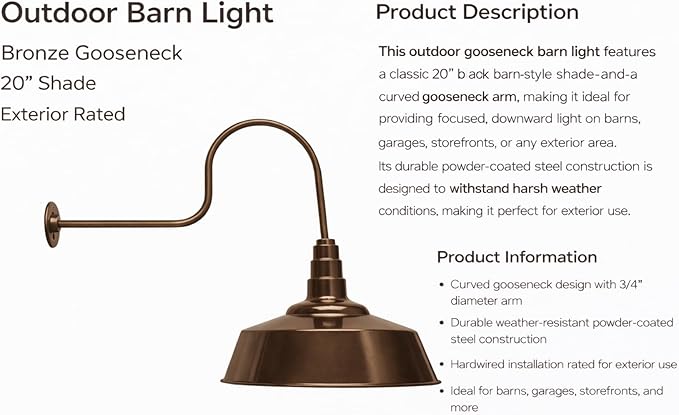 AGB102-AS20-BR Gooseneck Barn Light 20 - Bronze Outdoor Dome with Incandescent Downlight | Wall-Mount Fixture for Patios Gardens Pathways and Large Outdoor Living Spaces