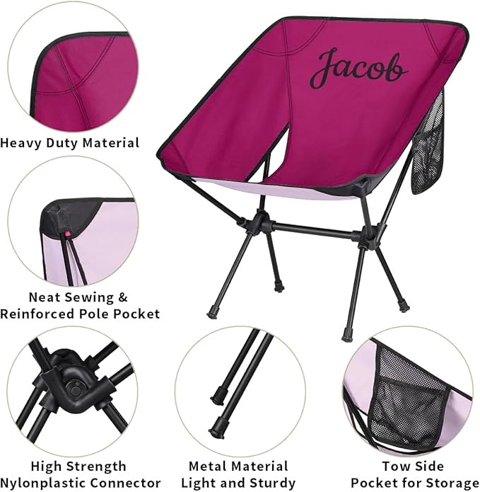 Custom Camping Chair Personalized Portable Backpacking Chair with Name Lightweight Folding Chair for Beach Hiking Rose Red