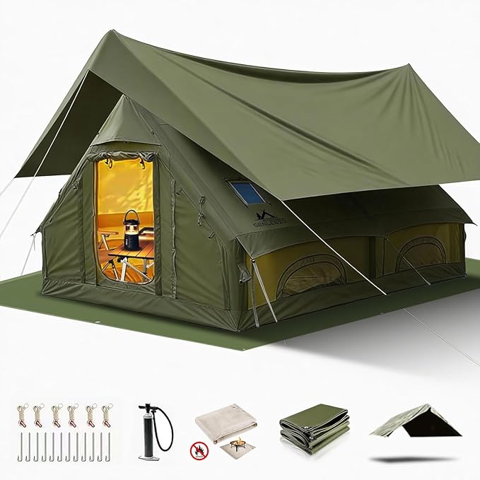 Inflatable Camping Tents 8-10 Person129 Square Feets Large Inflatable Camping Tent with Stove JackBlow up Tent with Mesh Windows &amp Pump