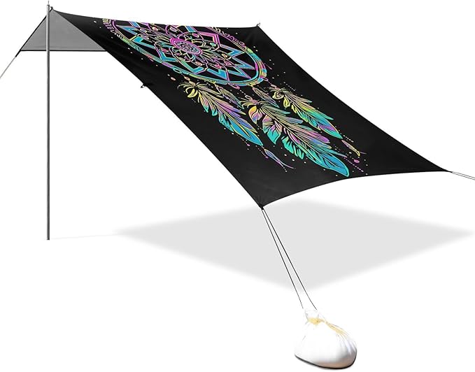 ALAZA Rainbow Dreamcatcher Bohemian Beach Tent Sun Shelter UPF50+ Protection Beach Shade Canopy w/ 4 Sandbags for Outdoor Camping Fishing Backyard Fun Picnic 10x9 ft