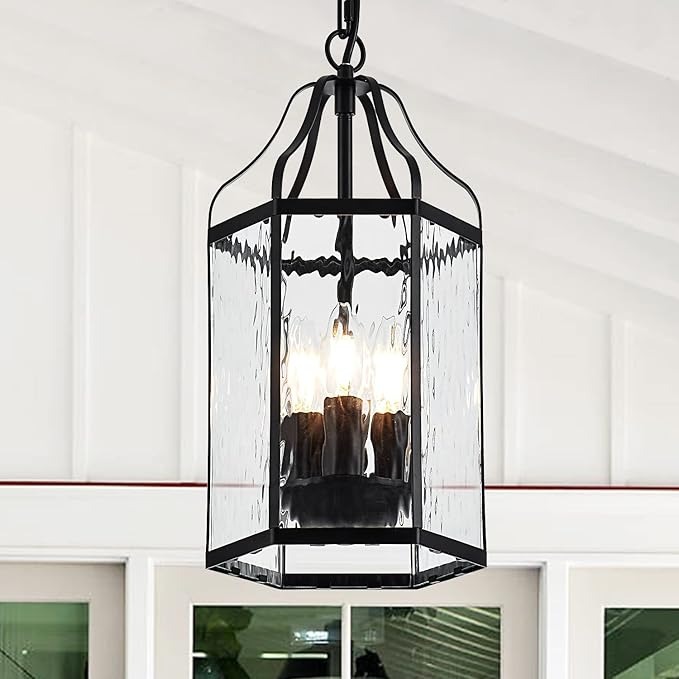 8 Modern 3-Light Exterior Black Lantern Pendant Light Fixture with Clear Rippled Glass Mini Industrial Hanging Cage Chandelier for Outdoor Kitchen Dining Room Hallway Entryway Foyer Porch