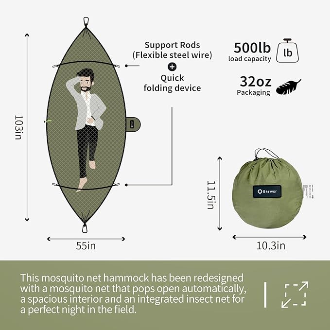 Hammock with Mosquito Net - Lightweight Portable 1 Person Hammock - for Camping Hiking Backpacking Travel a Festival or The Beach