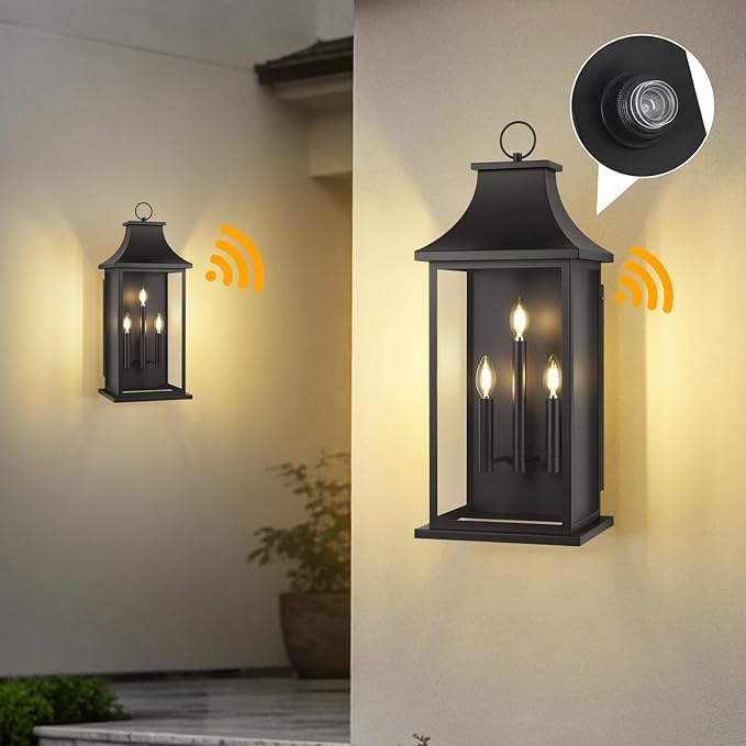 Extra Large Outdoor Wall Lights Dusk to Dawn Sensor Outside Lights Exterior Lighting Fixtures Wall Mount Wall Sconce Light Outdoor Lanterns for Porch Black 28 3-Light 1-Pack