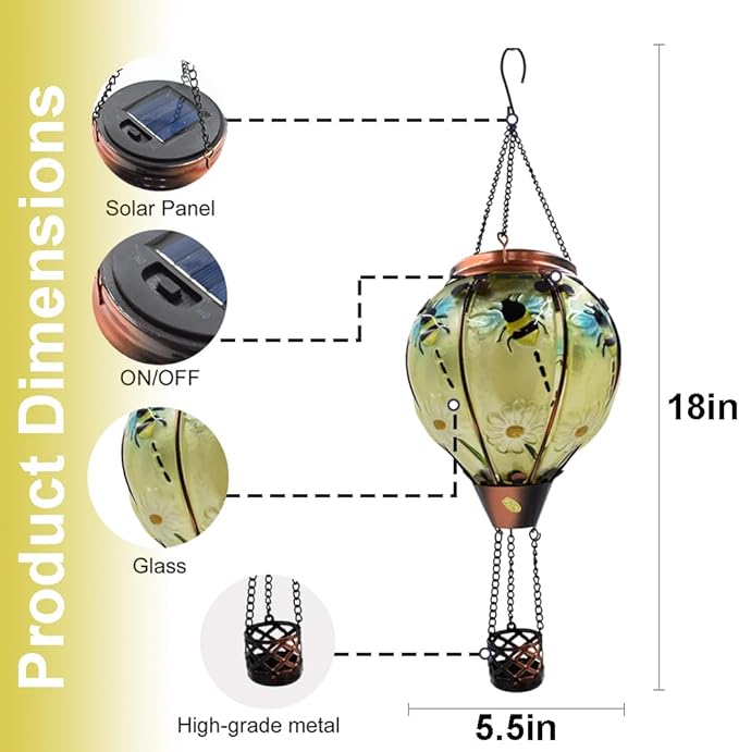 Hot Air Balloon Solar Lantern with Flickering Flame Glass Hanging Garden Lights Outdoor Waterproof for Tree Yard Patio Mother's Day Gift 18 H Bee