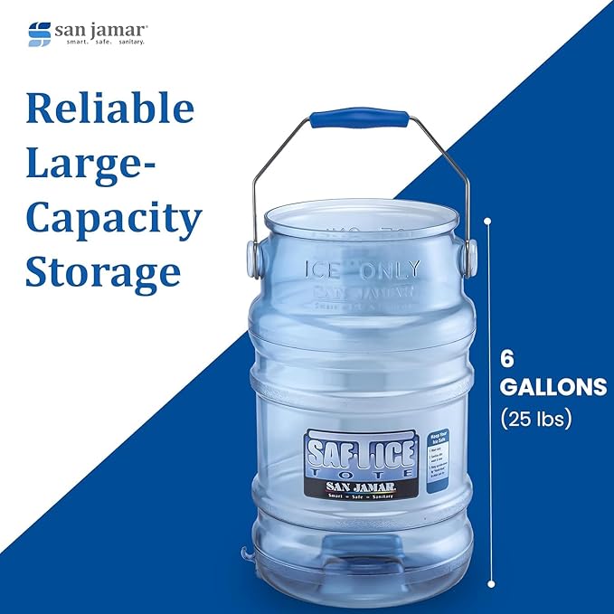 San Jamar Saf-T-Ice Plastic Ice Tote Ice Bucket with Drying and Storage Hook for Restaurants Bars Catering Events Buffets 6 Gallons Blue