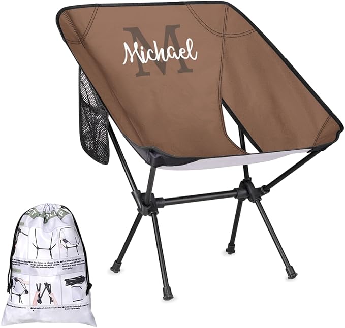 Personalized Camping Chair Custom Portable Folding Chair with Name Customized Lightweight Backpacking Compact Hiking Camp Chairs (Brown)