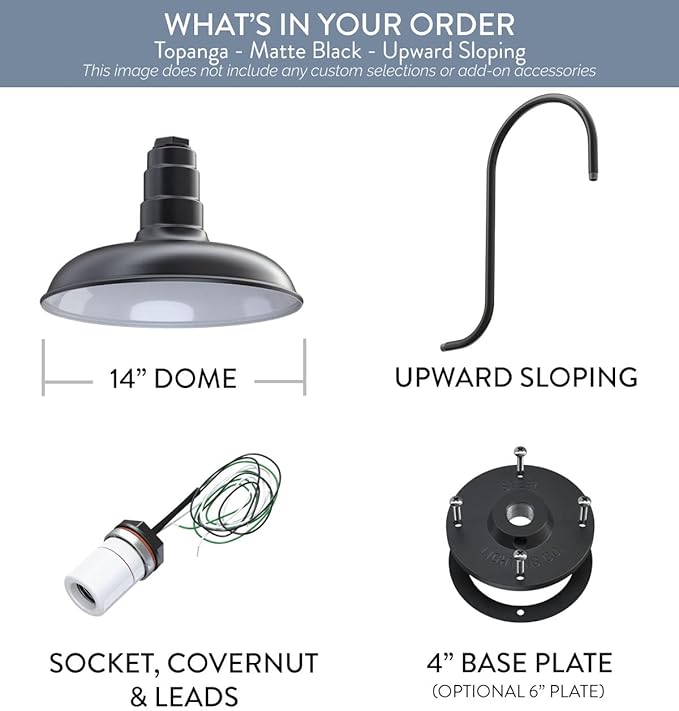 Steel Lighting Co. Topanga Barn Light | Outdoor Wall Mounted | Farmhouse Garage Light Made in America | 14 inch Dome | Upslope Gooseneck | Matte Black Exterior/White Interior