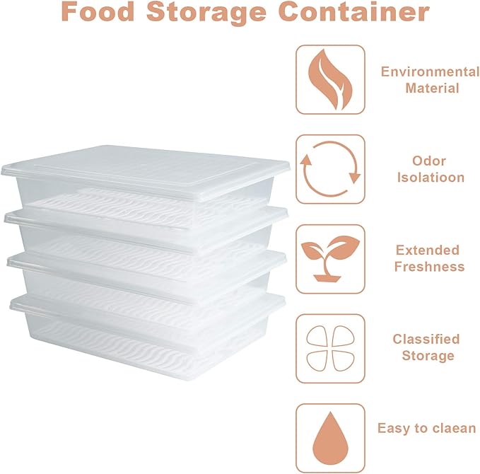 Food Storage Container Plastic Food Containers with Removable Drain Plate and Lid Stackable Portable Freezer Storage Containers - Tray to Keep Fruits Vegetables Meat and More (4Large)