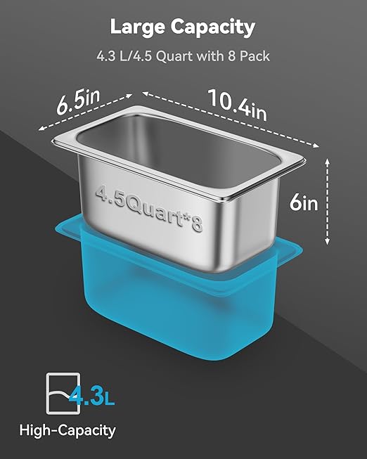 8 Pack Hotel Pans with Lids 1/4 Size 6 Deep Stainless Steel Steam Table Pan 22 Gauge Anti Jam Commercial Catering Food Pans for Hotel Home Party Restaurant Buffet
