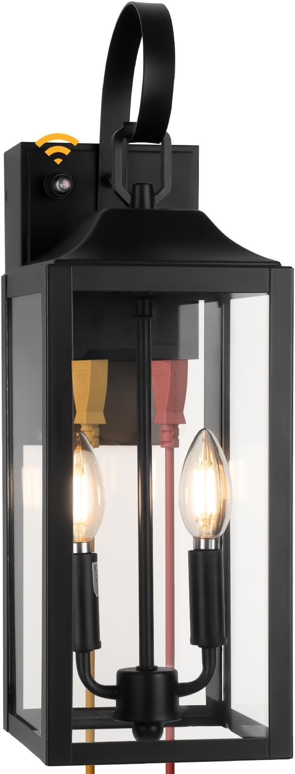 Large Porch Lights with GFCI Outlet 19 Black Dusk to Dawn Outdoor Wall Lantern 2-Light Exterior Lighting Fixtures with GFCI Outlet Built-in Waterproof Outdoor Wall Sconce for House Front Door