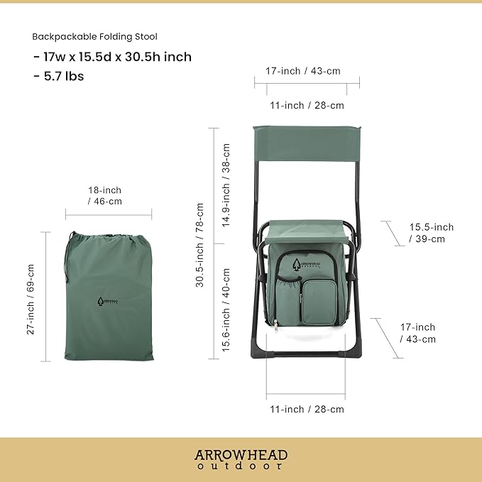 Arrowhead Outdoor Multi-Function 3-in-1 Compact Camp Chair: Backpack Stool &amp Insulated Cooler w/Bottle Holder &amp Storage Bag External Pockets Backrest Fishing Hiking Heavy-Duty USA-Base