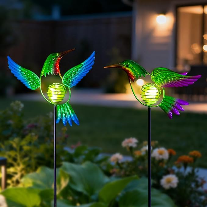 Hummingbird Solar Garden Stakes Lights 2 PackSolar Hummingbird Bird Figurine Outdoor Lights for Spring Garden Pathway Lawn Yard Decoration